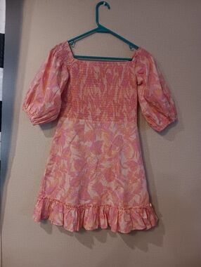 Karlie Pink & Peach Floral Smocked Mini Dress Sz M Summer Dress